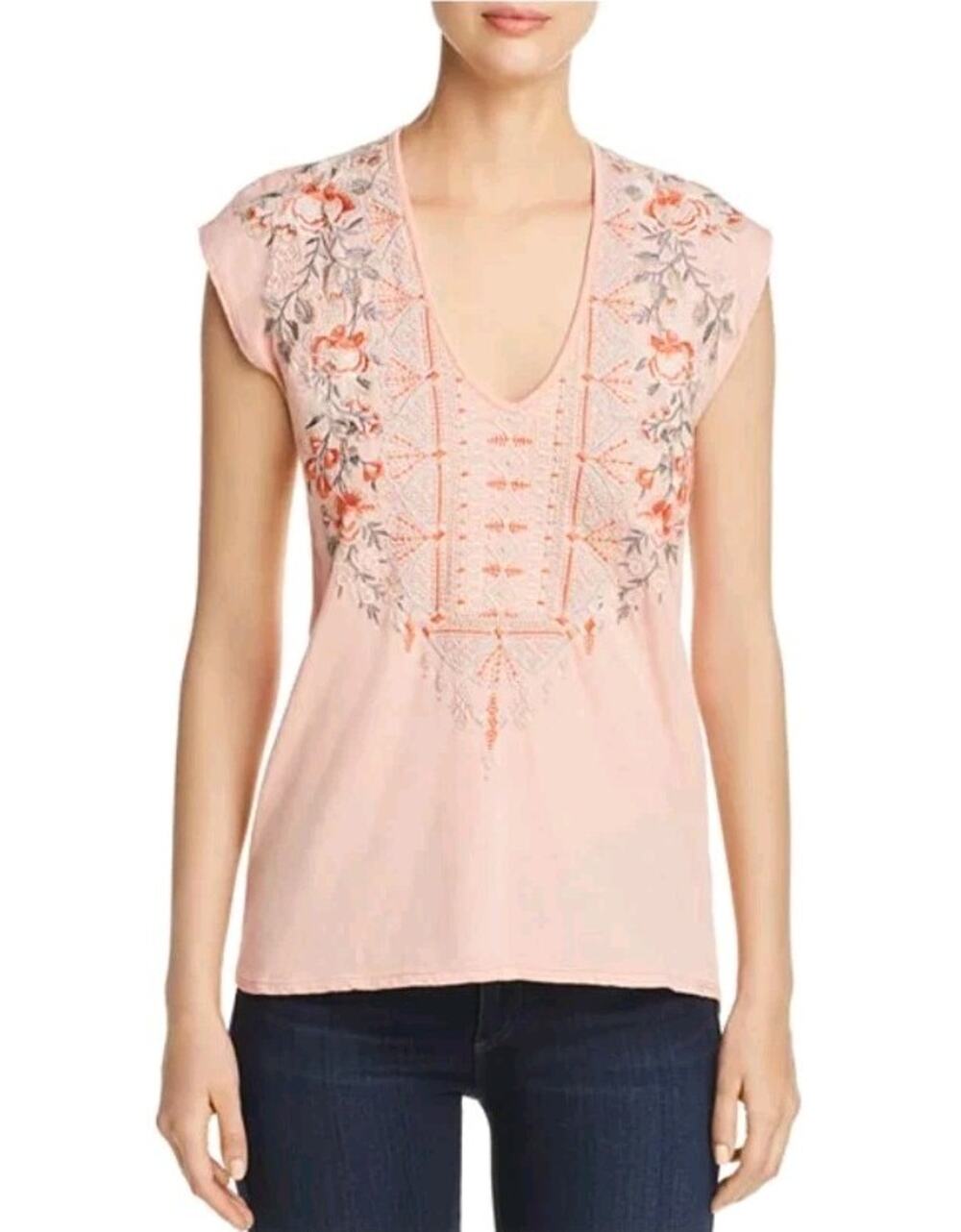 Johnny Was Calida Embroidered Floral V Neck Cap Sleeve Boho Top Pink Size L